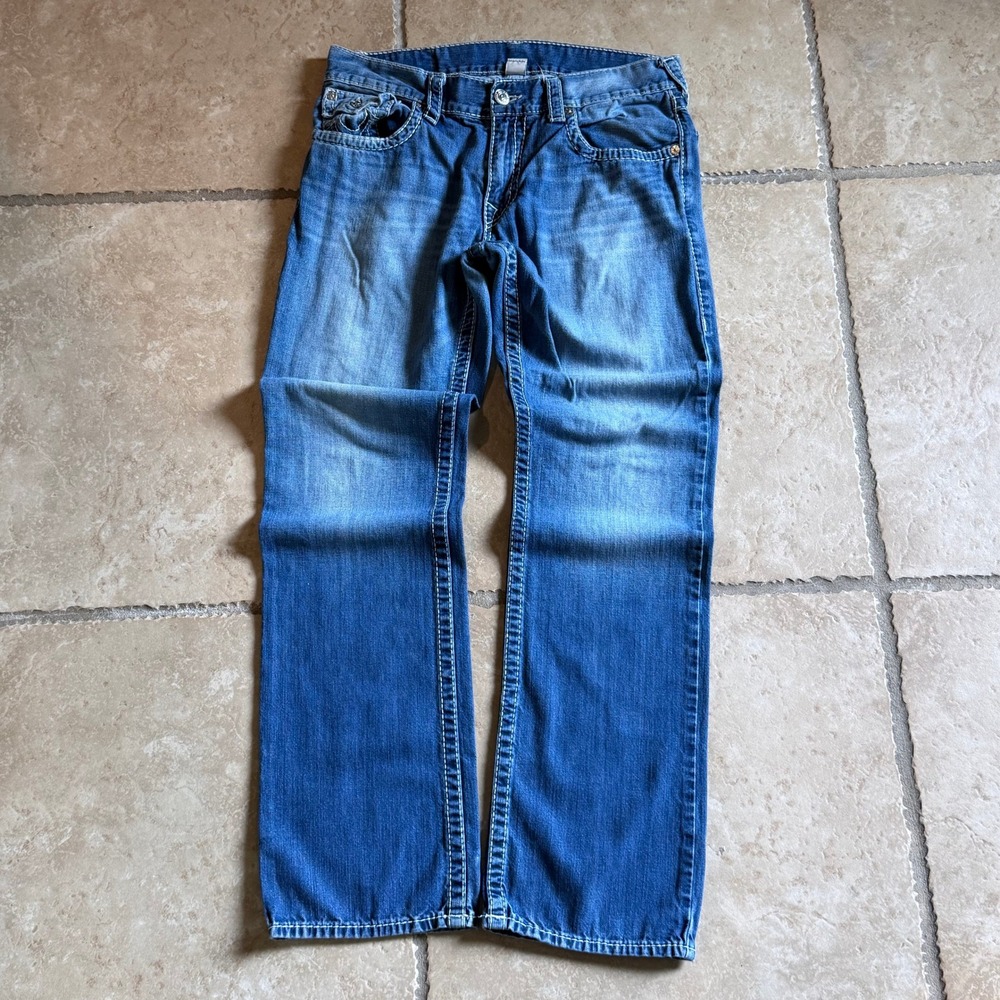 True Religion Straight Flap Jeans Mens 33 Blue Natural Big T Contrast Stitch
